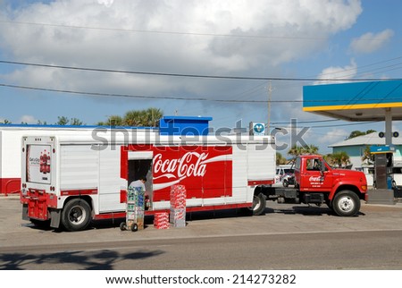 PORT ARANSAS, USA - OCT 22: Coca Cola Truck delivering beverages. October 22, 2008 in Port Aransas, Texas