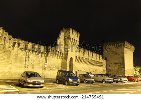 AVIGNON, FRANCE - OCT 26: Fortified city walls in Avignon illuminated at night. October 26, 2011 in Avignon, Provence-Alpes-Cote d\'Azur, France
