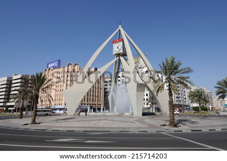 DUBAI, UAE - MAR 14: The Tower Clock Roundabout in Dubai. March 14, 2010 in Dubai, United Arab Emirates