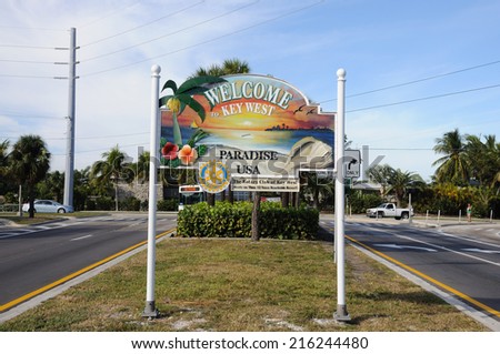 KEY WEST, USA - DEC 16: Welcome to Key West Sign at the town entrance. December 16, 2009 in Key West, Florida, USA