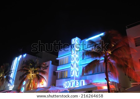 MIAMI, USA - DEC 1: The Colony Hotel illuminated at night. Miami Art Deco District. December 1, 2009 in Miami South Beach, Florida, USA