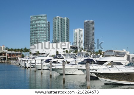 Luxury yachts at the Bayside Marina in Miami, Florida USA