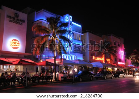 MIAMI, USA - DEC 1: The Art Deco Hotels illuminated at night. Miami Art Deco District. December 1, 2009 in Miami South Beach, Florida, USA