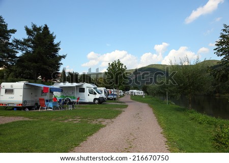 ZELL, GERMANY - SEP 3: Camping site at the Mosel river, in Rhineland-Palatinate. September 3, 2011 in Cochem-Zell, Germany