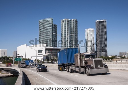MIAMI, USA - NOV 13: Peterbilt truck on the bridge in Miami. November 13, 2009 in Miami, Florida, USA