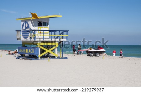 MIAMI, USA - NOV 13: Miami beach wooden lifeguard tower in Art deco style. November 13, 2009 in Miami, Florida, USA