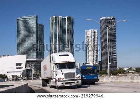 MIAMI, USA - NOV 13: Trucks on the port bridge in Miami. November 13, 2009 in Miami, Florida, USA