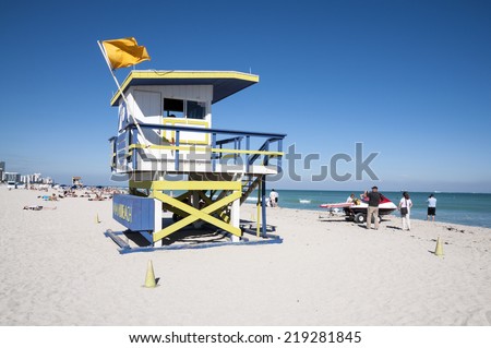 MIAMI, USA - NOV 13: Miami beach wooden lifeguard tower in Art deco style. November 13, 2009 in Miami Beach, Florida, USA