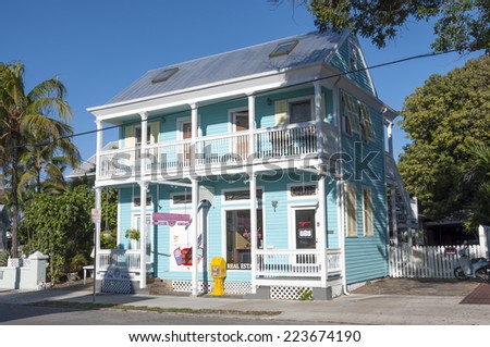 KEY WEST, USA - NOV 17: Blue house with balconies in Key West. November 17, 2009 in Key West, Florida, USA