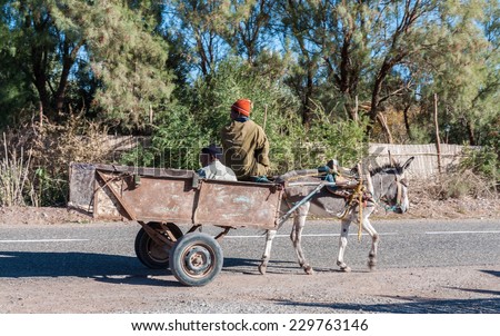 MOROCCO - 24 NOV: Two moroccan men using a donkey cart on a rural road in Morocco. November 24, 2008 in Morocco, Africa