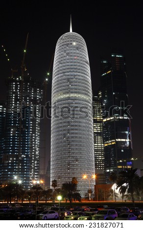 DOHA, QATAR - JAN 9: Burj Qatar illuminated at night, Doha West Bay. January 9, 2012 in Doha, Qatar, Middle East