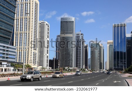 DUBAI, UAE - JAN 16: Street at Jumeirah Lakes Towers in Dubai. January 16, 2012 in Dubai, United Arab Emirates