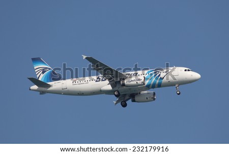 DOHA, QATAR - JAN 8: Egyptair Airbus A320-200 in the air over Doha. January 8, 2012 in Doha, Qatar, Middle East
