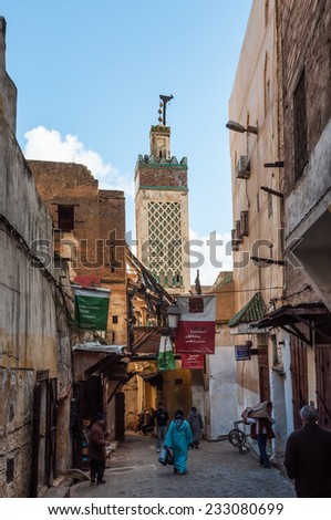 FEZ, MOROCCO - DEC 2: Street in the ancient medina of moroccan city Fez. December 2, 2008 in Fez, Morocco, Africa