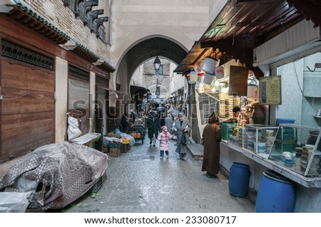 FEZ, MOROCCO - NOV 30: Street in the ancient medina of moroccan city Fez. November 30, 2008 in Fez, Morocco, Africa