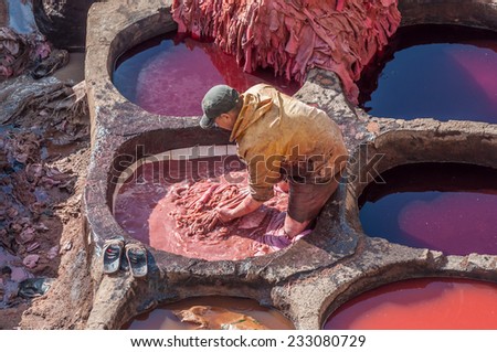 FEZ, MOROCCO - DEC 2: Traditional leather tanneries in the medina of Fez. December 2, 2008 in Fez, Morocco, Africa