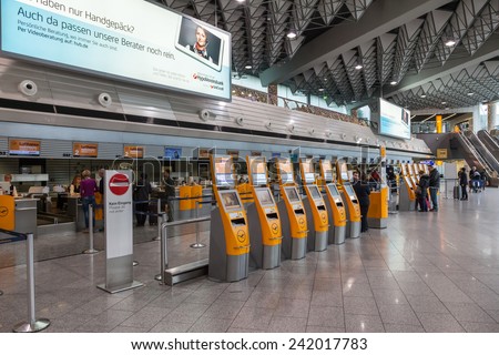 FRANKFURT - DEC 6: Self Check In machines and counters in the Frankfurt International Airport. December 6, 2014 in Frankfurt Main, Germany