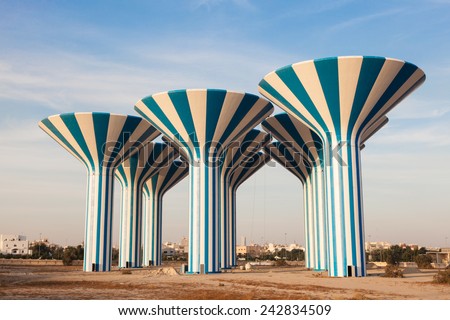 Blue and white water towers in Kuwait, Middle East