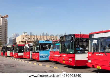 KUWAIT - DEC 8: Red Buses at the Main Bus Station in Kuwait City. December 8, 2014 in Kuwait, Middle East