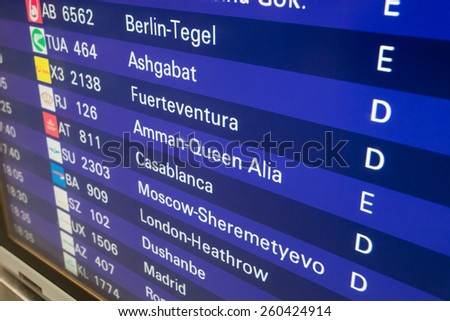 FRANKFURT MAIN - DEC 6: Departure board with destination airports in Frankfurt Main. December 6, 2014 in Frankfurt Main, Germany