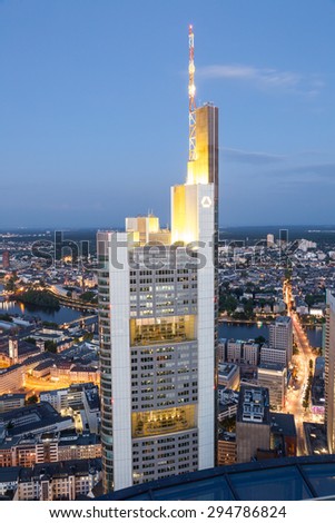 FRANKFURT MAIN - JUNE 27: The Commerzbank Tower skyscraper in the city of Frankfurt at night. June 27, 2015 in Frankfurt Main, Germany