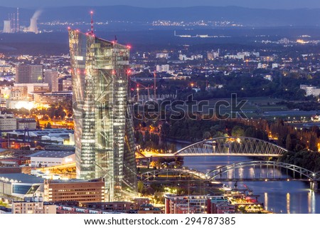 FRANKFURT MAIN - JUNE 27: The European Central Bank skyscraper in the city of Frankfurt at night. June 27, 2015 in Frankfurt Main, Germany
