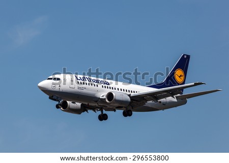 FRANKFURT MAIN - JULY 10: Boeing 737-500 airplane of the german airline Lufthansa which is based in Frankfurt. July 10, 2015 in Frankfurt Main, Germany