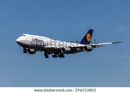 FRANKFURT MAIN - JULY 10: Boeing 747-8 airplane of the german airline Lufthansa which is based in Frankfurt. July 10, 2015 in Frankfurt Main, Germany