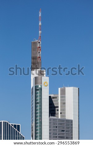 FRANKFURT - JULY 10: Top of the Commerzbank Tower skyscraper in the city of Frankfurt Main. July 10, 2015 in Frankfurt, Hesse, Germany
