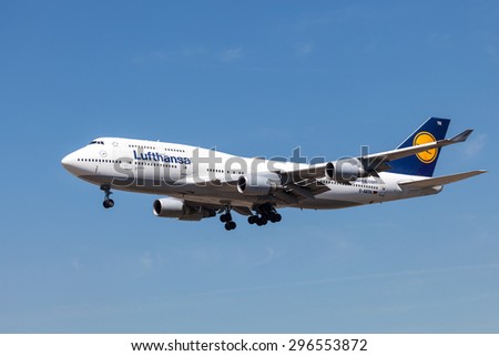 FRANKFURT MAIN - JULY 10: Boeing 747-400 airplane of the german airline Lufthansa which is based in Frankfurt. July 10, 2015 in Frankfurt Main, Germany