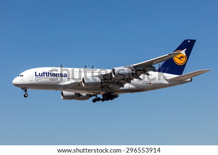 FRANKFURT MAIN - JULY 10: Airbus A380-800 airplane of the german airline Lufthansa which is based in Frankfurt. July 10, 2015 in Frankfurt Main, Germany