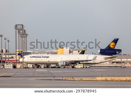 FRANKFURT, GERMANY - JULY 17: McDonnell Douglas MD-11 Freighter of the Lufthansa Cargo Airline at the Frankfurt International Airport. July 17, 2015 in Frankfurt, Germany