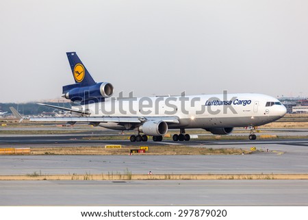 FRANKFURT, GERMANY - JULY 17: McDonnell Douglas MD-11 Freighter of the Lufthansa Cargo Airline at the Frankfurt International Airport. July 17, 2015 in Frankfurt, Germany