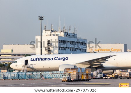 FRANKFURT, GERMANY - JULY 17: Boeing 777 Freighter of the Lufthansa Cargo Airline at the Frankfurt International Airport. July 17, 2015 in Frankfurt, Germany