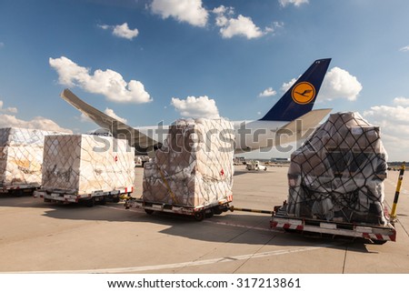 FRANKFURT - SEP 11: Lufthansa Cargo Boeing 777 Freighter aircraft at the Frankfurt International Airport. September 11, 2015 in Frankfurt Main, Germany