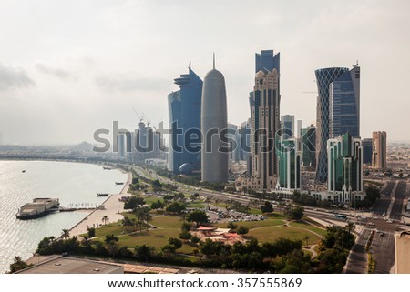 Downtown skyscrapers and the corniche in Doha, Qatar, Middle East