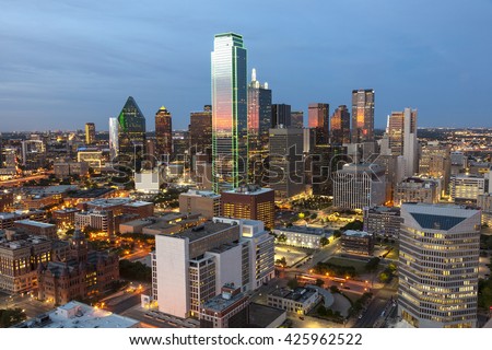 View over the Dallas downtown district illuminated at night. Texas, United States