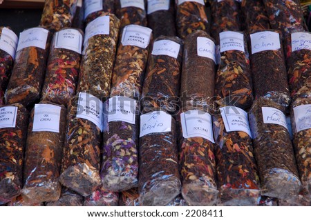 a collection of spices at the oriental market