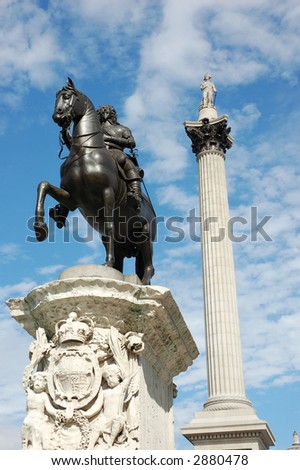 A photo of nelsons, column, in Trafalgar square London.