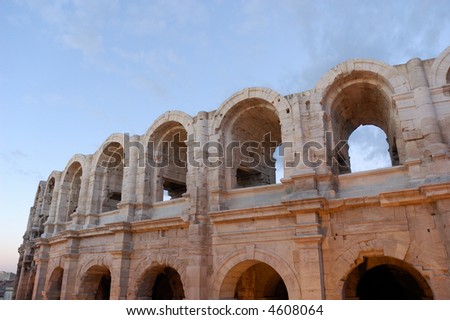 Roman Arena in Arles, France, illuminated in the evening