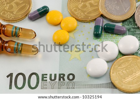 Pills on European currency. Concept of medicating an injured economy, or concept of the cost of medication