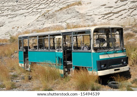 Old abandoned bus in Santorini, Greece