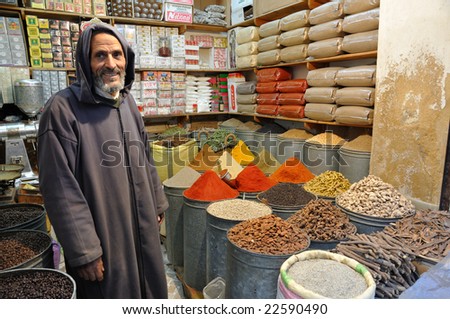 FES, MOROCCO - NOV 26:  Spice seller in the medina of Fes, Morocco. November 26, 2008 in Fes, Morocco.