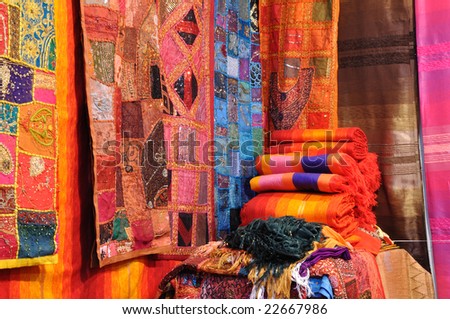 Traditional oriental fabrics in Fes, Morocco