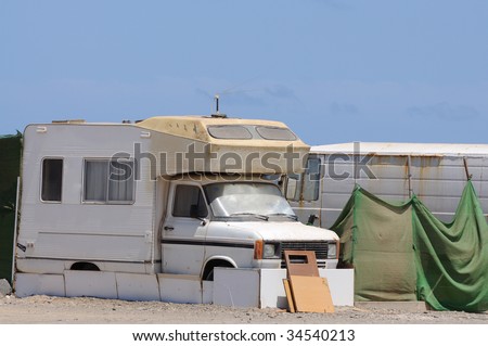Old RV in a trailer park. Canary Island Fuerteventura, Spain