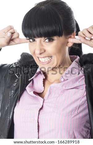 Young Woman with Fingers in Ears