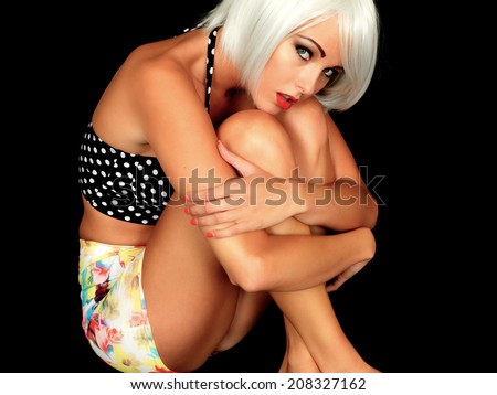 Young Woman Pin Up Model Short Mini Skirt and Bikini Top