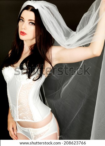 Sexy Young Woman Wearing Lingerie and a Wedding Veil