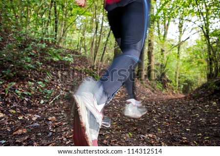 Male trail runner running in the forest on a trail.Close-up on running shoes. Summer season. Slight blur in runner to show motion. Horizontal composition.