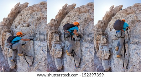 Young boy climbing a via ferrata in the Italian Dolomites. Sequence composed of three photographs illustrating the progression of climbing on via ferrata.